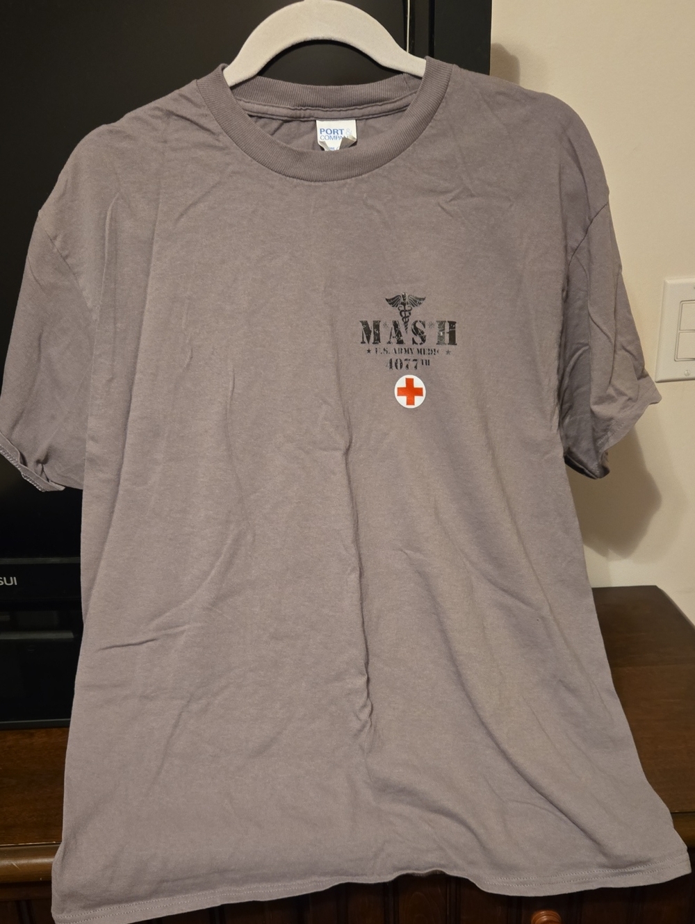 Port Authority Gray MASH Short Sleeve Crew Tee with Red Cross